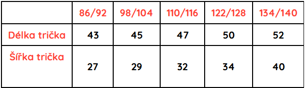 Bambus tričko-velikostní tabulka